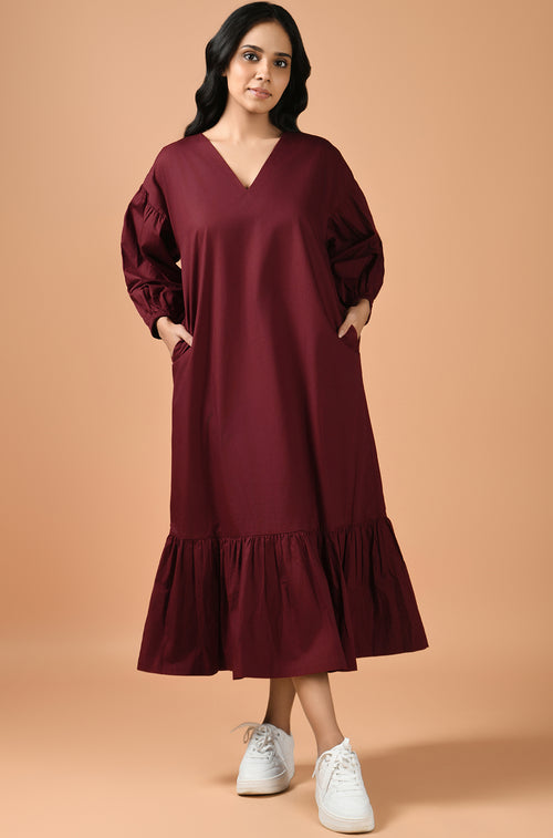 Maroon Cascade Midi Dress