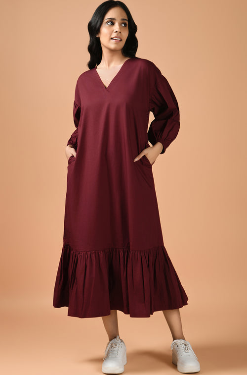 Maroon Cascade Midi Dress