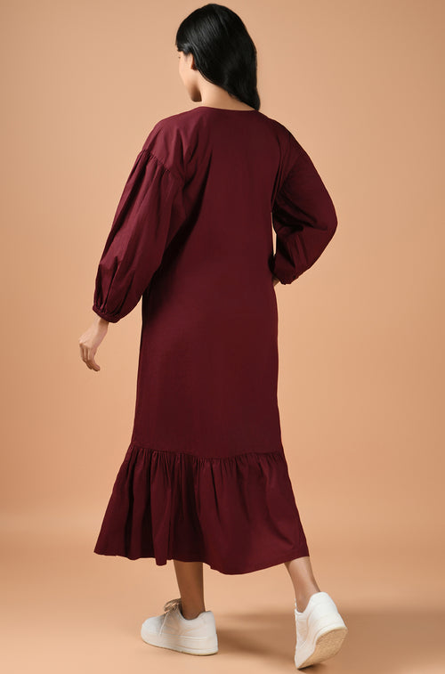 Maroon Cascade Midi Dress