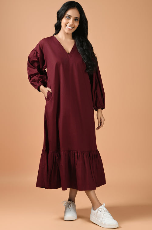 Maroon Cascade Midi Dress