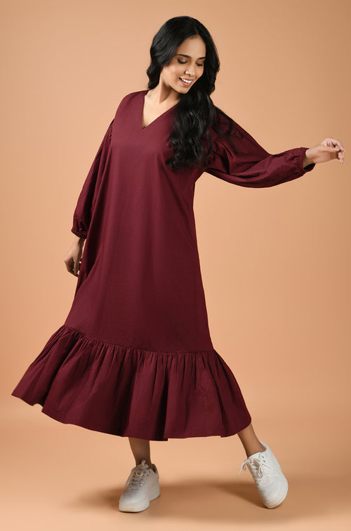 Maroon Cascade Midi Dress