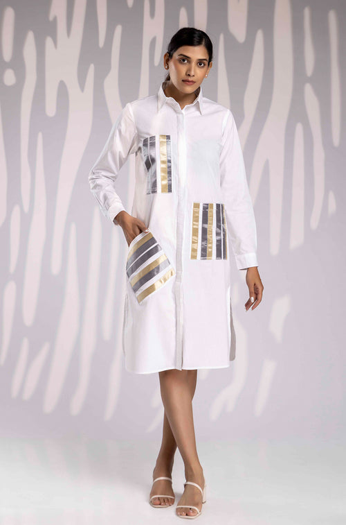 Satin Ribbon Shirt Dress - White