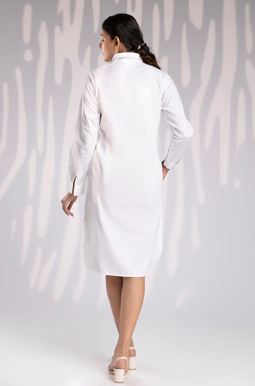 Satin Ribbon Shirt Dress - White