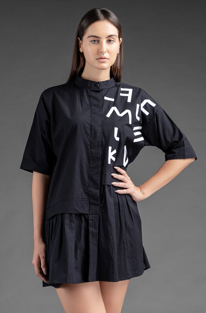 Alphabetic Pleated Shirt Dress - Black