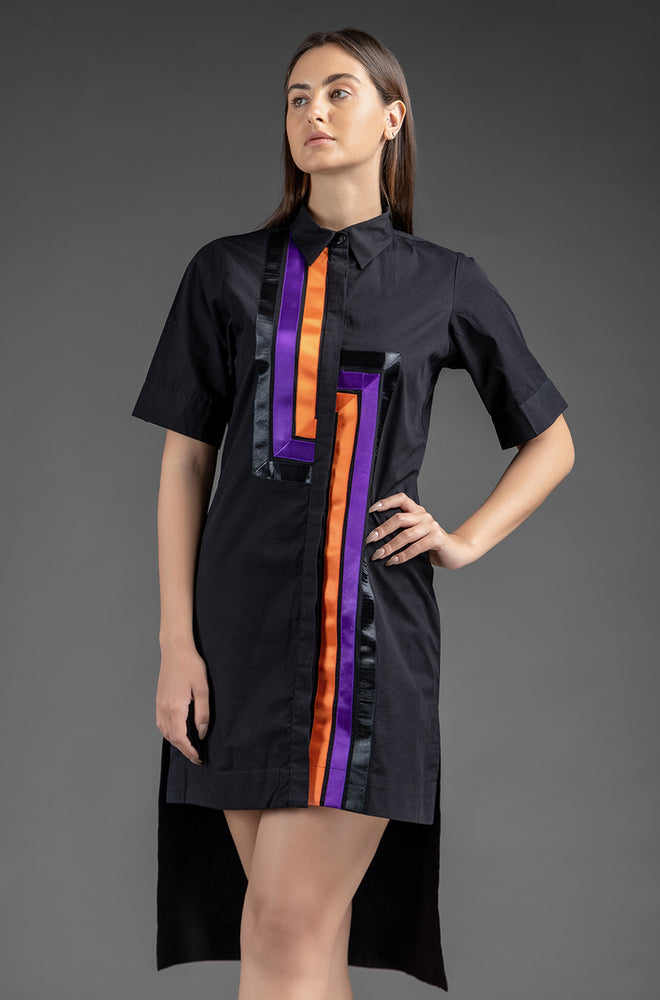 Satin Details Shirt Dress - Black