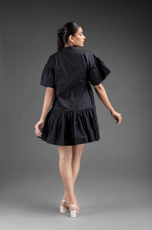 Gathers Shirt Dress - Black