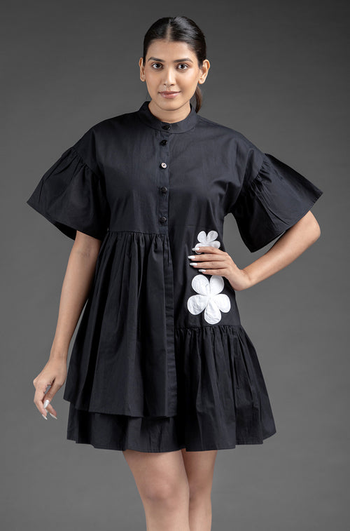 Gathers Shirt Dress - Black