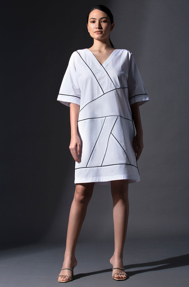 Pure Cotton Dimensional Patterened  Shift Dress - White