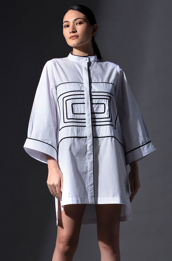 Pure Cotton Loose Sleeves Black Lines Details Shirt Dress - White