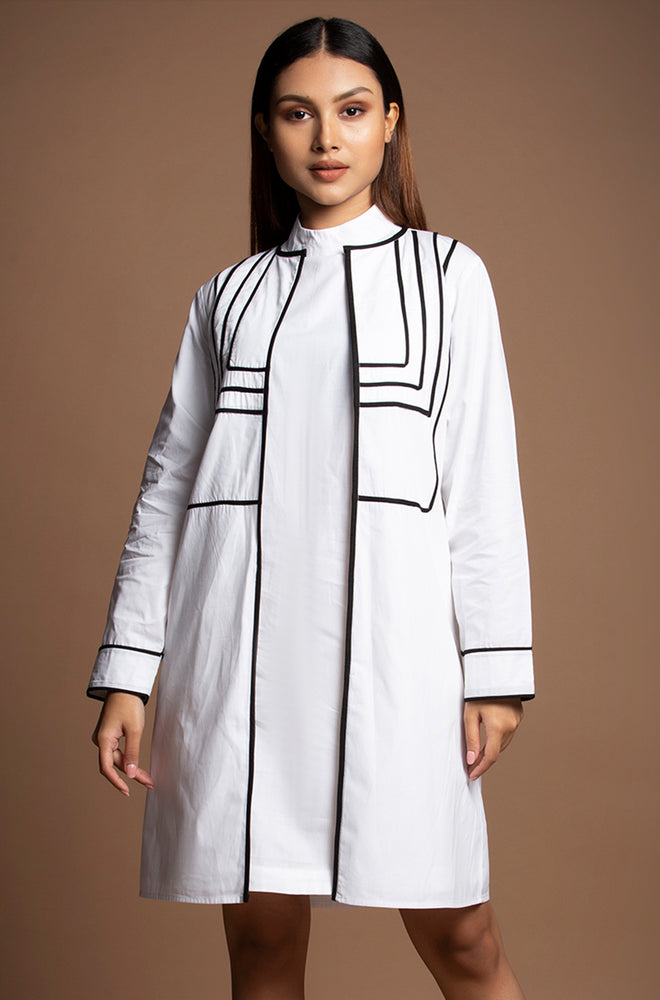 Pure Cotton Black lines Detailed Yoke Dress with Jacket - White