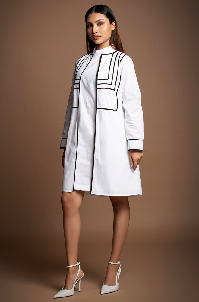 Pure Cotton Black lines Detailed Yoke Dress with Jacket - White