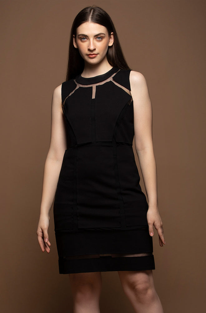 Patterned Knit Knee Length Dress - Black