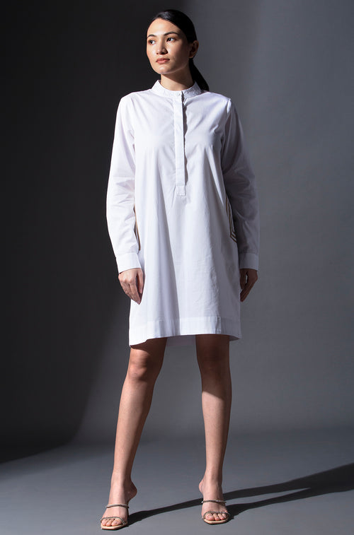 Pure Cotton Gold Lines Detailed Pockets Shirt Dress - White