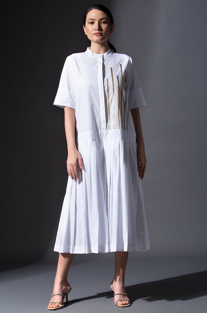 Pure Cotton Calf Length Pleated Dress - White