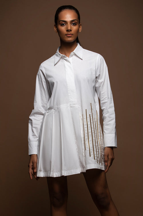 Pure Cotton Gold Lines Detailed Pleated Shirt Dress - White