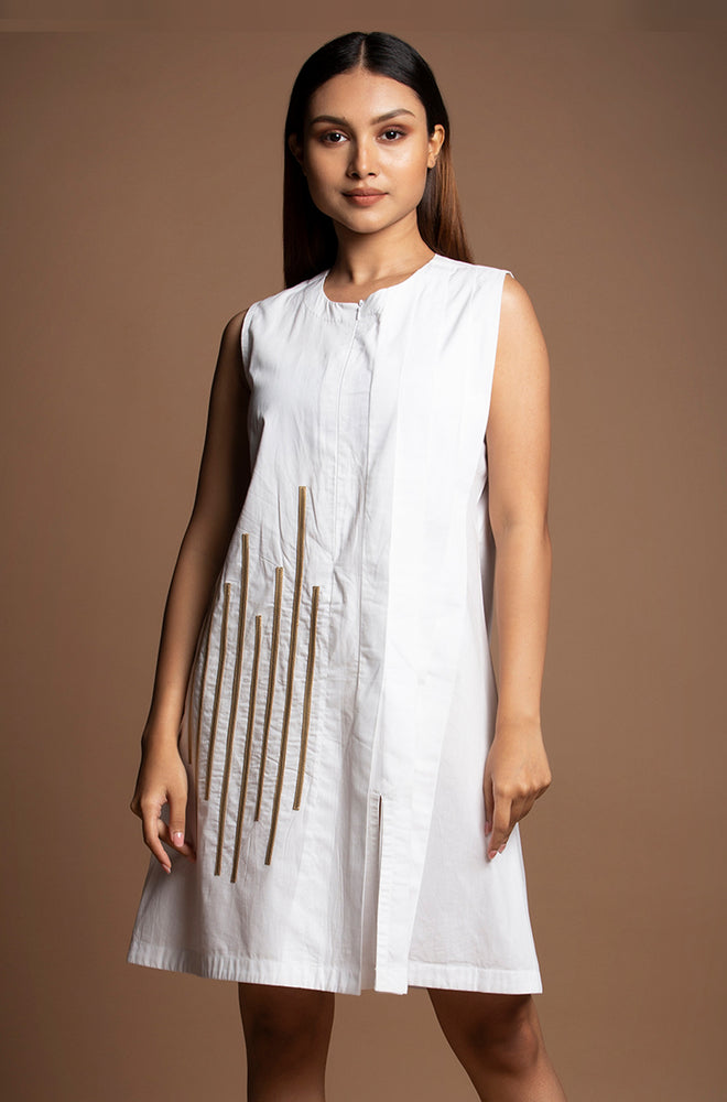 Pure Cotton Gold Lines Detailed Zipper Dress - White