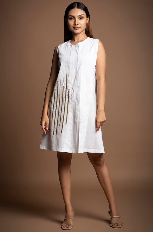 Pure Cotton Gold Lines Detailed Zipper Dress - White