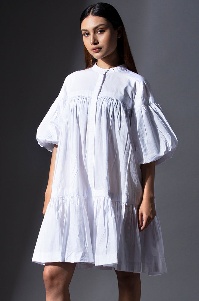 Pure Cotton Puff Sleeves Gathered Dress - White