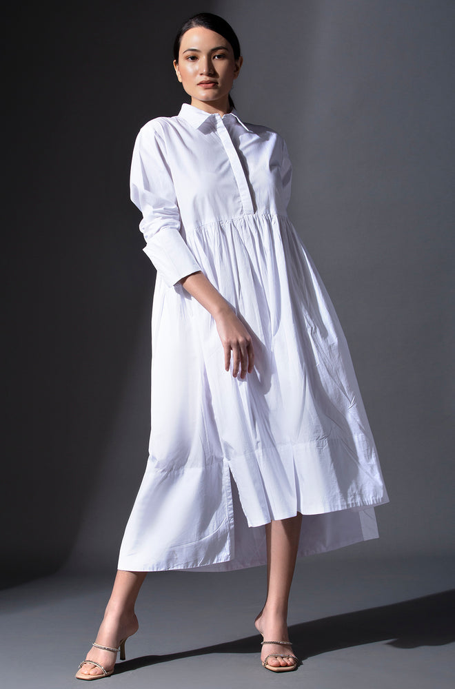 Pure Cotton Midi Length Gather Dress - White