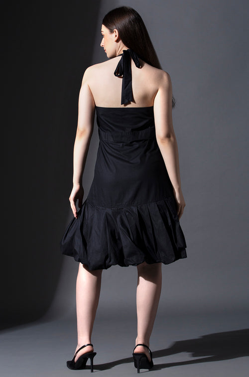 Pure Cotton Halter Neck Gathered Dress - Black