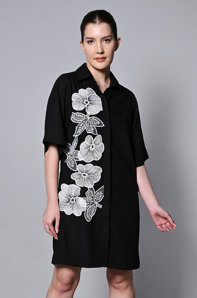Black Viscose Rayon Brunch Shirt Dress
