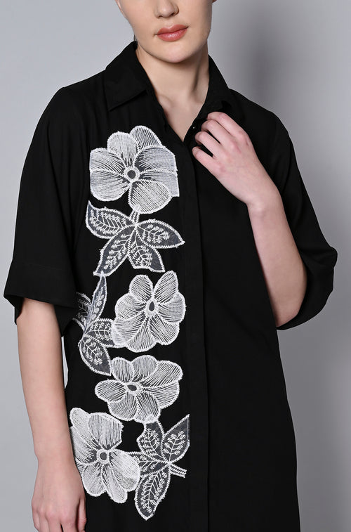 Black Viscose Rayon Brunch Shirt Dress