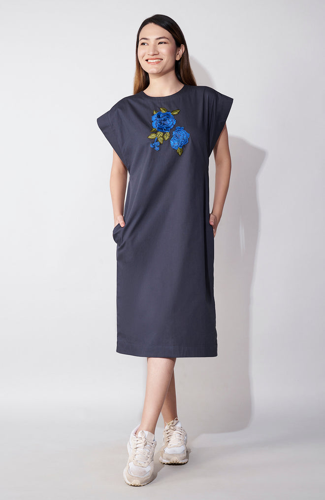 Slate Serenity Embroidered Cotton Dress