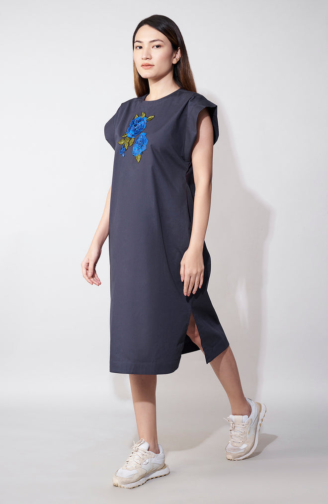 Slate Serenity Embroidered Cotton Dress