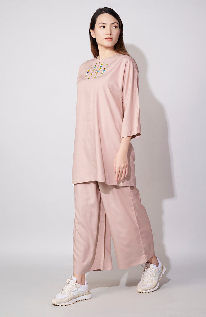 Pink Rose Stone Embroidered Palazzo Set