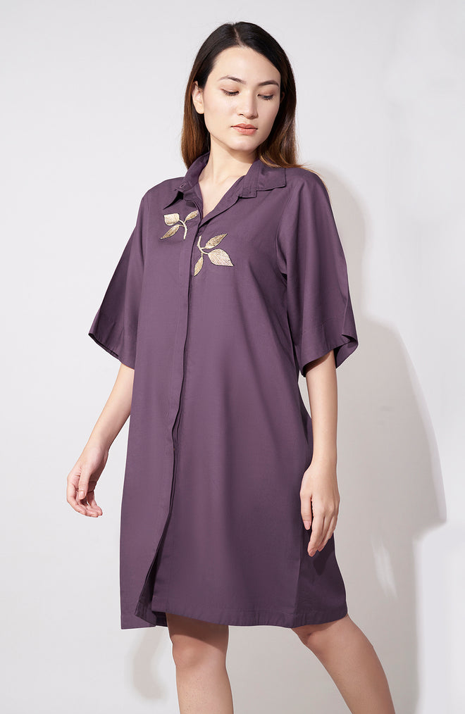 Purple  Embroidered Shirt Dress