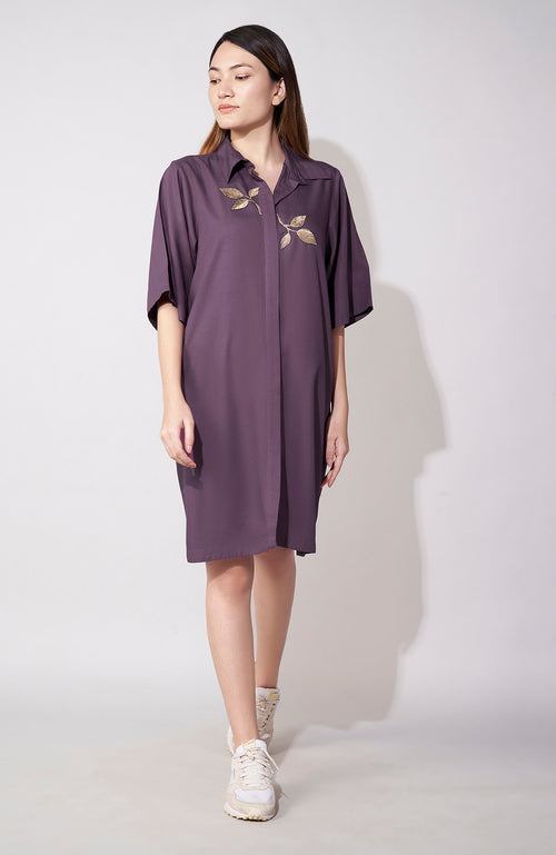 Purple  Embroidered Shirt Dress