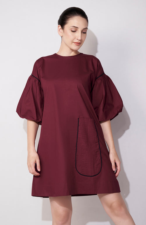 Maroon Balloon Sleeve Pocket Dress