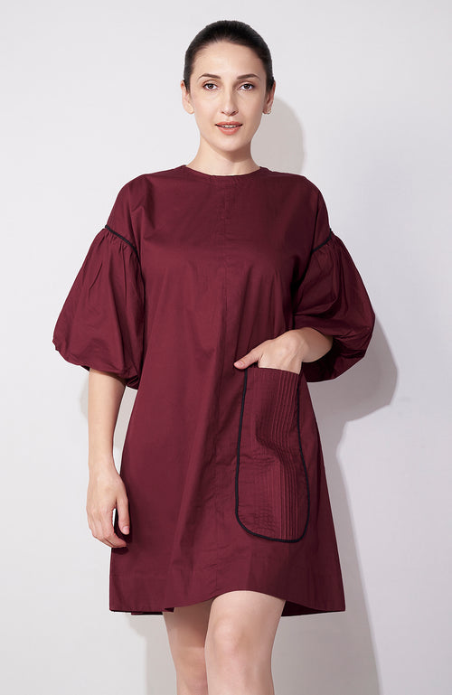 Maroon Balloon Sleeve Pocket Dress