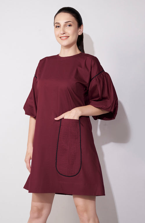 Maroon Balloon Sleeve Pocket Dress