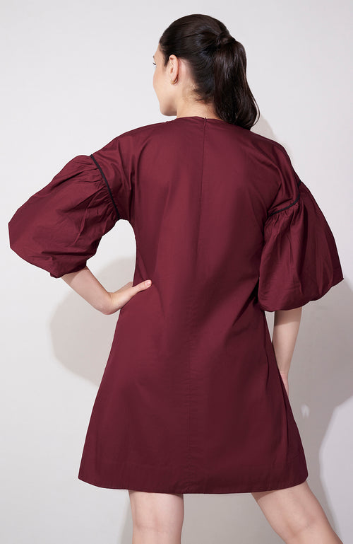 Maroon Balloon Sleeve Pocket Dress