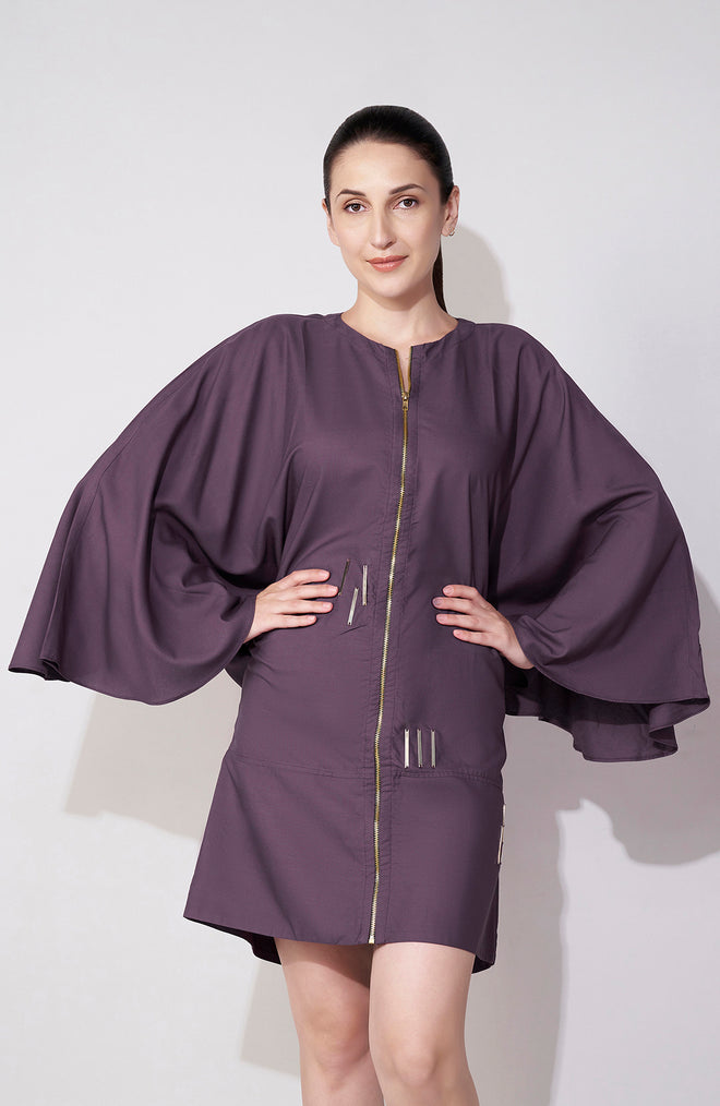 Purple Batwing Sleeve Gold Accent Mini Dress
