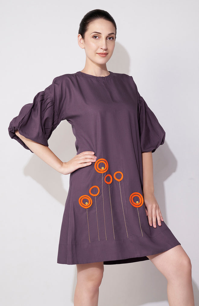 Purple Balloon Sleeve Gold Accent Mini Dress