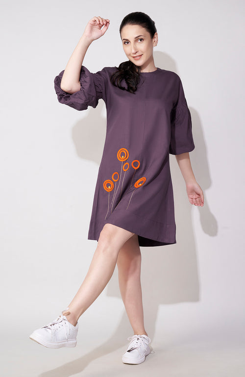 Purple Balloon Sleeve Gold Accent Mini Dress