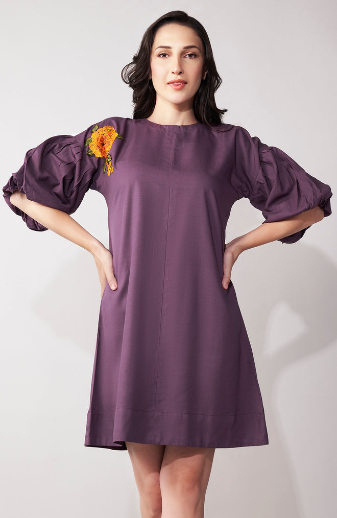Purple Thread Embroidered Balloon Sleeve Mini Dress