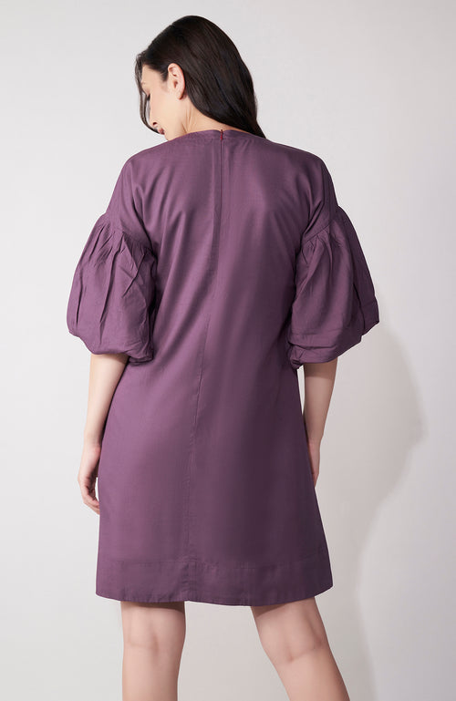 Purple Thread Embroidered Balloon Sleeve Mini Dress