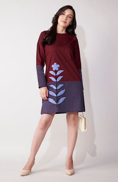 Maroon & Grey Patchwork Mini Dress