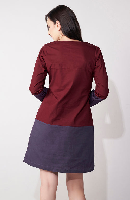 Maroon & Grey Patchwork Mini Dress