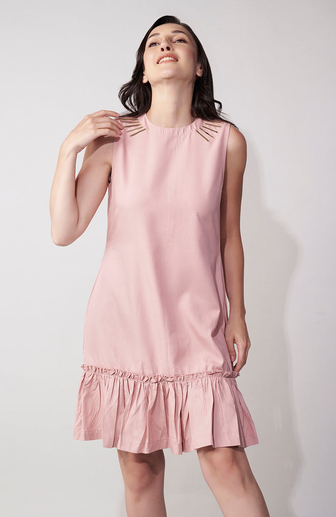 Pink Ruffle Mini Dress with Gold Accents