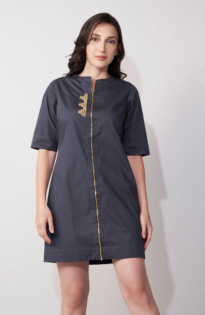 Grey Stone Embroidered Zipper Dress