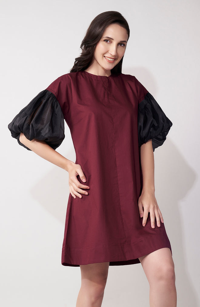Maroon Organza Sleeve Mini Dress