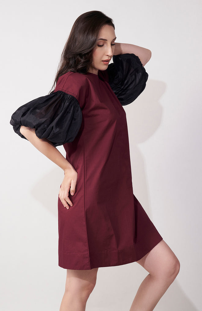 Maroon Organza Sleeve Mini Dress