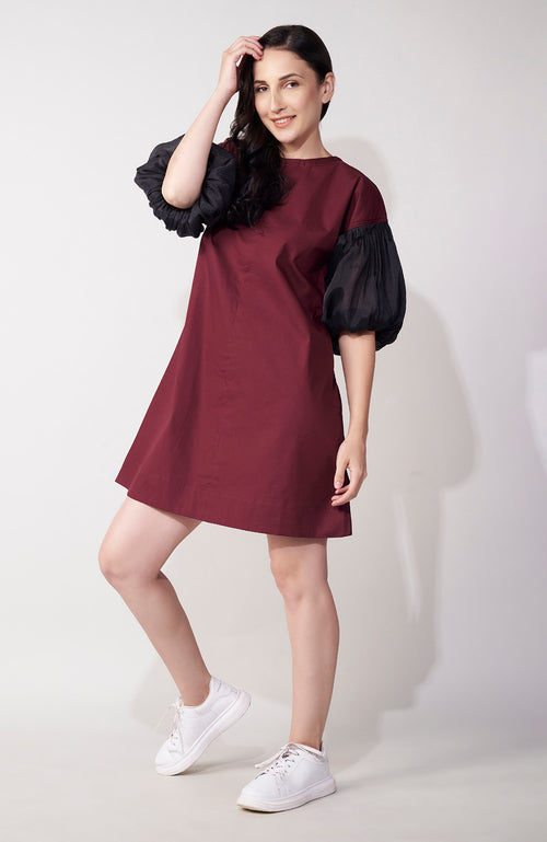 Maroon Organza Sleeve Mini Dress