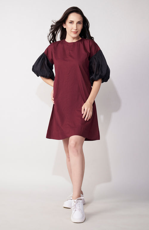 Maroon Organza Sleeve Mini Dress