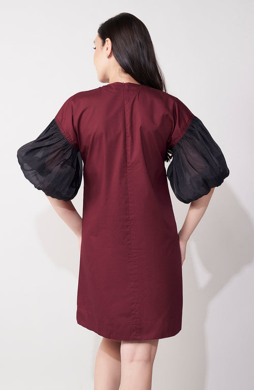 Maroon Organza Sleeve Mini Dress