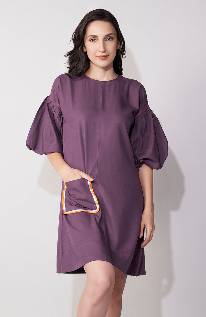 Purple Satin Highlight Balloon Sleeve Mini Dress
